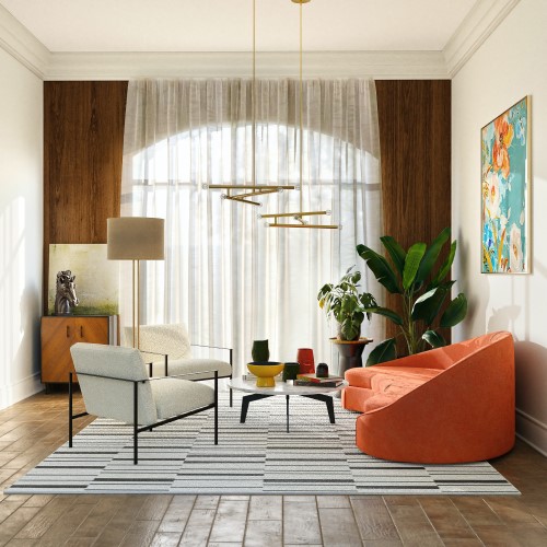 living room with orange sofa